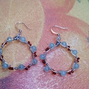 Handmade Silver Tone Hoop Earrings with Light Green Avanturine And Red Beads